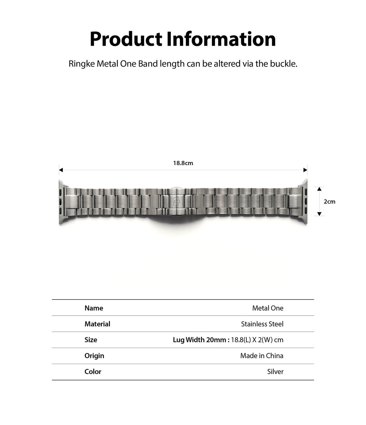 Apple Watch 42·41·40·38 mm | Metal One Band - Technical diagram showing dimensions and specifications of the metal watch band.