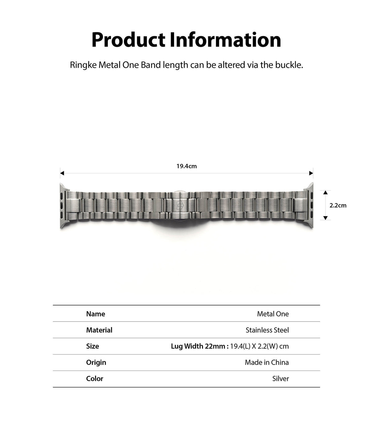 Apple Watch 49·46·45·44·42 mm | Metal One Band - Silver stainless steel watch band with dimensions and product specs.