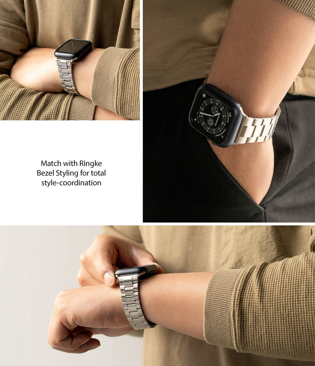 Apple Watch 49·46·45·44·42 mm | Metal One Band - Silver metal link watch band on an Apple Watch with a black bezel.