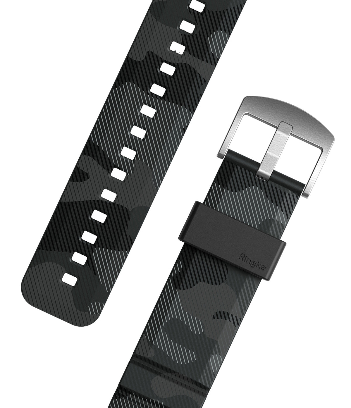Watch Lug 20mm | Rubber One Bold Band - Design - Watch Lug 20mm | Rubber One Bold Band - Black camouflage patterned rubber watch strap with a silver buckle and Ringke logo.