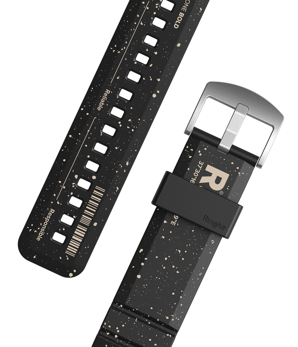 Watch Lug 20mm | Rubber One Bold Band - Design - Watch Lug 20mm | Rubber One Bold Band - Black watch strap with beige speckles, metal buckle, and printed text details.