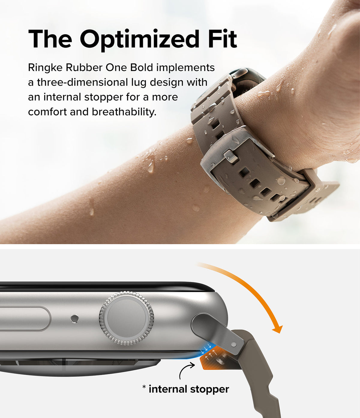 Apple Watch 49·46·45·44·42mm | Rubber One Bold Band - Close-up of a tan watch band on a wrist and a diagram of its lug.