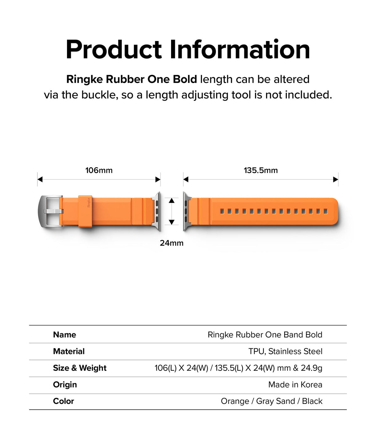 Apple Watch 49·46·45·44·42mm | Rubber One Bold Band - Technical diagram of an orange watch band with dimensions.