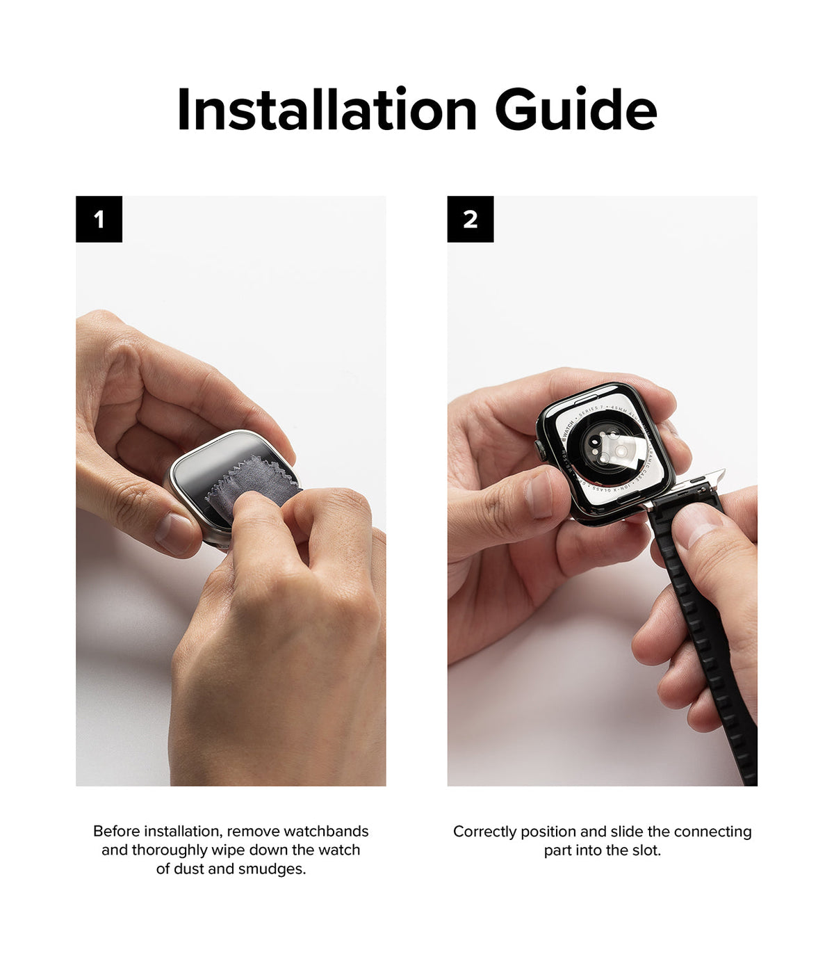 Apple Watch 49·46·45·44·42mm | Rubber One Bold Band - Two-step installation guide showing cleaning the watch and sliding the band into the slot.