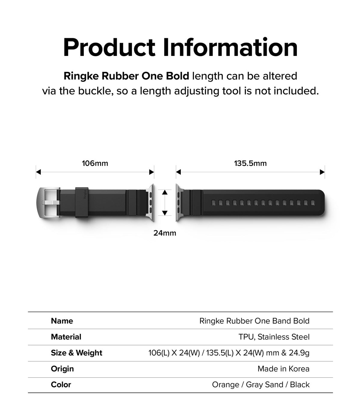 Apple Watch 49·46·45·44·42mm | Rubber One Bold Band - Technical diagram showing dimensions and specs of the watch band.