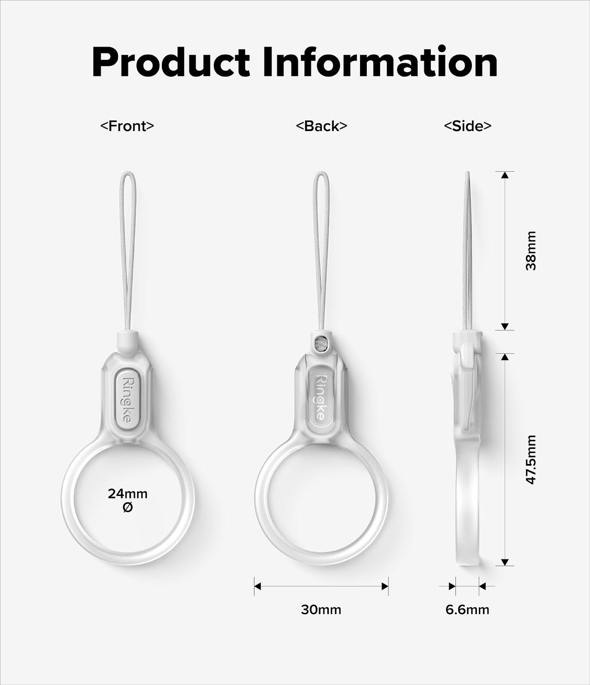 Buckle Finger Ring Strap - Technical diagram showing front, back, and side views with dimensions in millimeters.