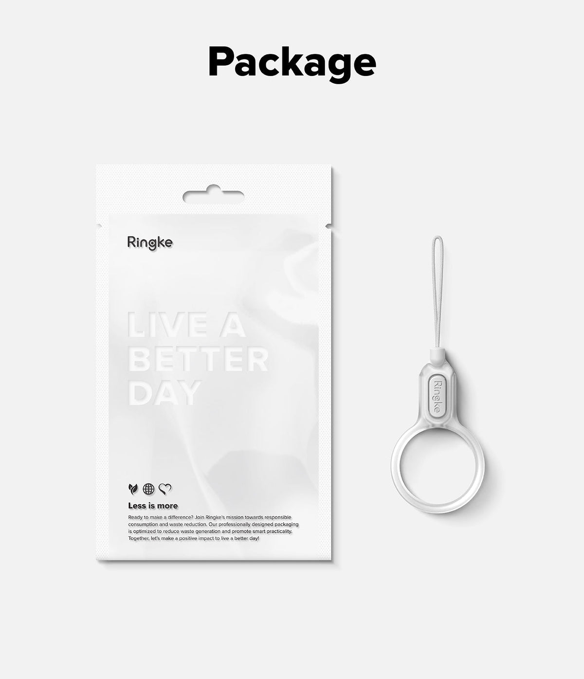 Buckle Finger Ring Strap - White Ringke finger strap accessory next to its eco-friendly product packaging.