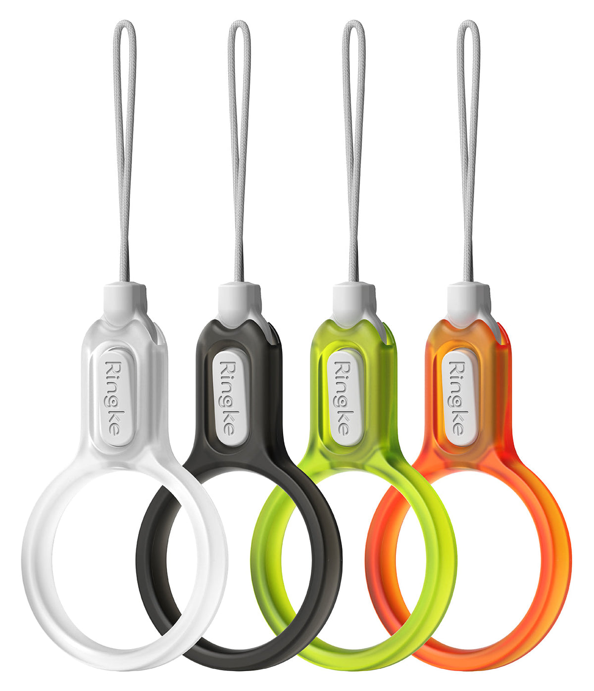 Buckle Finger Ring Strap - Four Ringke finger straps in white, black, lime green, and orange with grey lanyards.