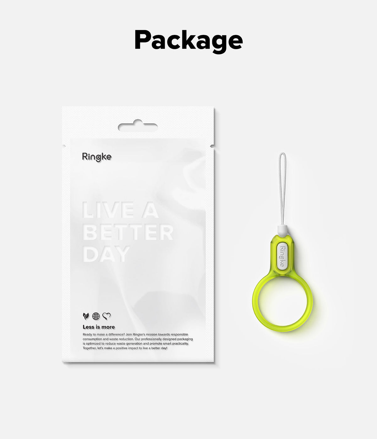 Buckle Finger Ring Strap - A lime green finger ring strap beside its white, eco-friendly Ringke branded retail packaging.