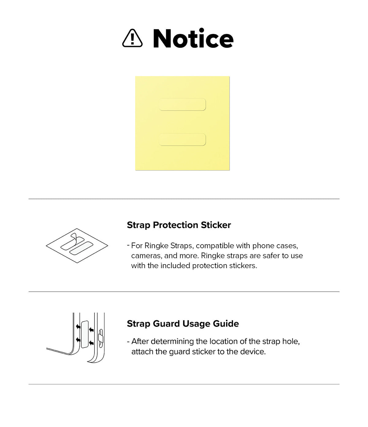 Buckle Finger Ring Strap - Notice showing strap protection stickers and a usage guide for attaching them to a device.