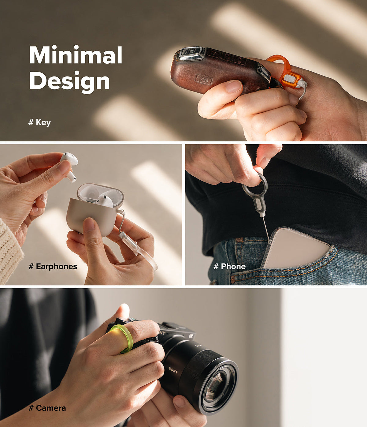 Buckle Finger Ring Strap - Four panels showing a finger ring strap attached to a car key, earphone case, phone, and camera.