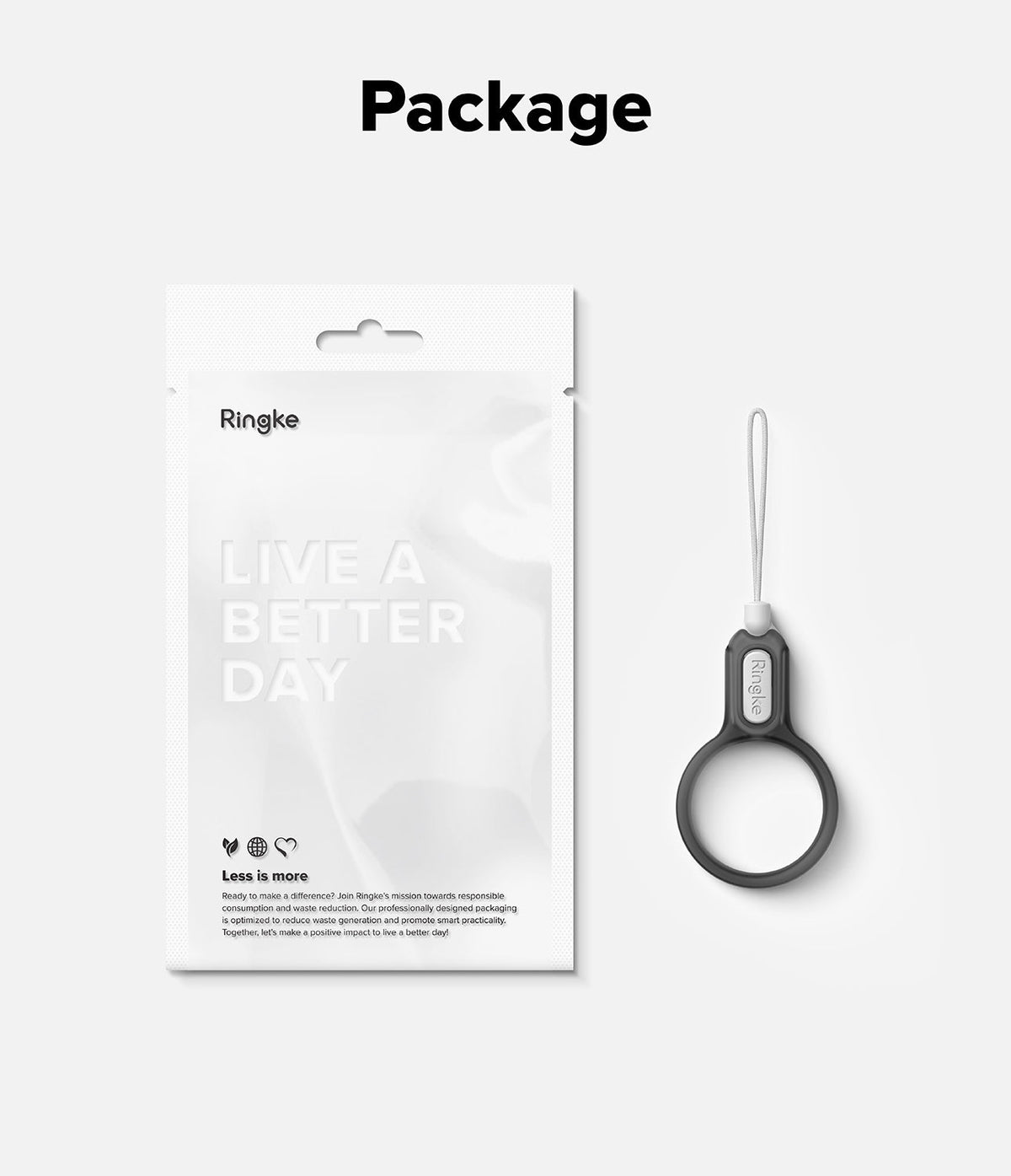 Buckle Finger Ring Strap - A grey silicone finger ring strap with a white lanyard next to its eco-friendly retail packaging.