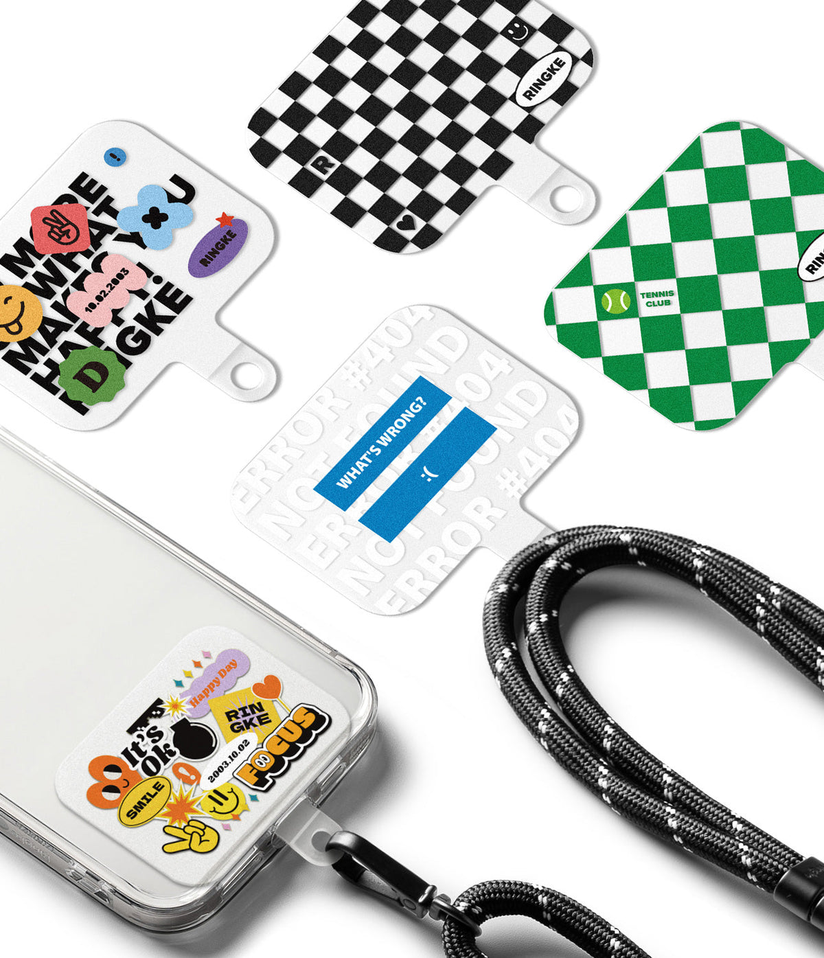 Ringke Strap Holder Link Design - Assorted colorful phone strap tabs with patterns and stickers, one attached to a phone case.