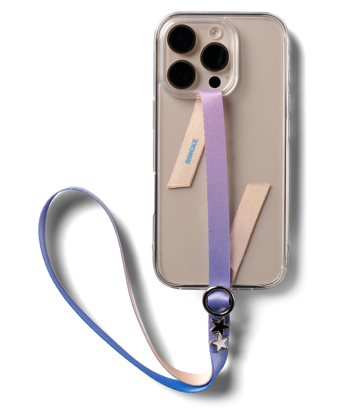 Band Buckle Circle Type Strap - Lavender and blue fabric phone strap with a metal ring and star charms on a clear case.