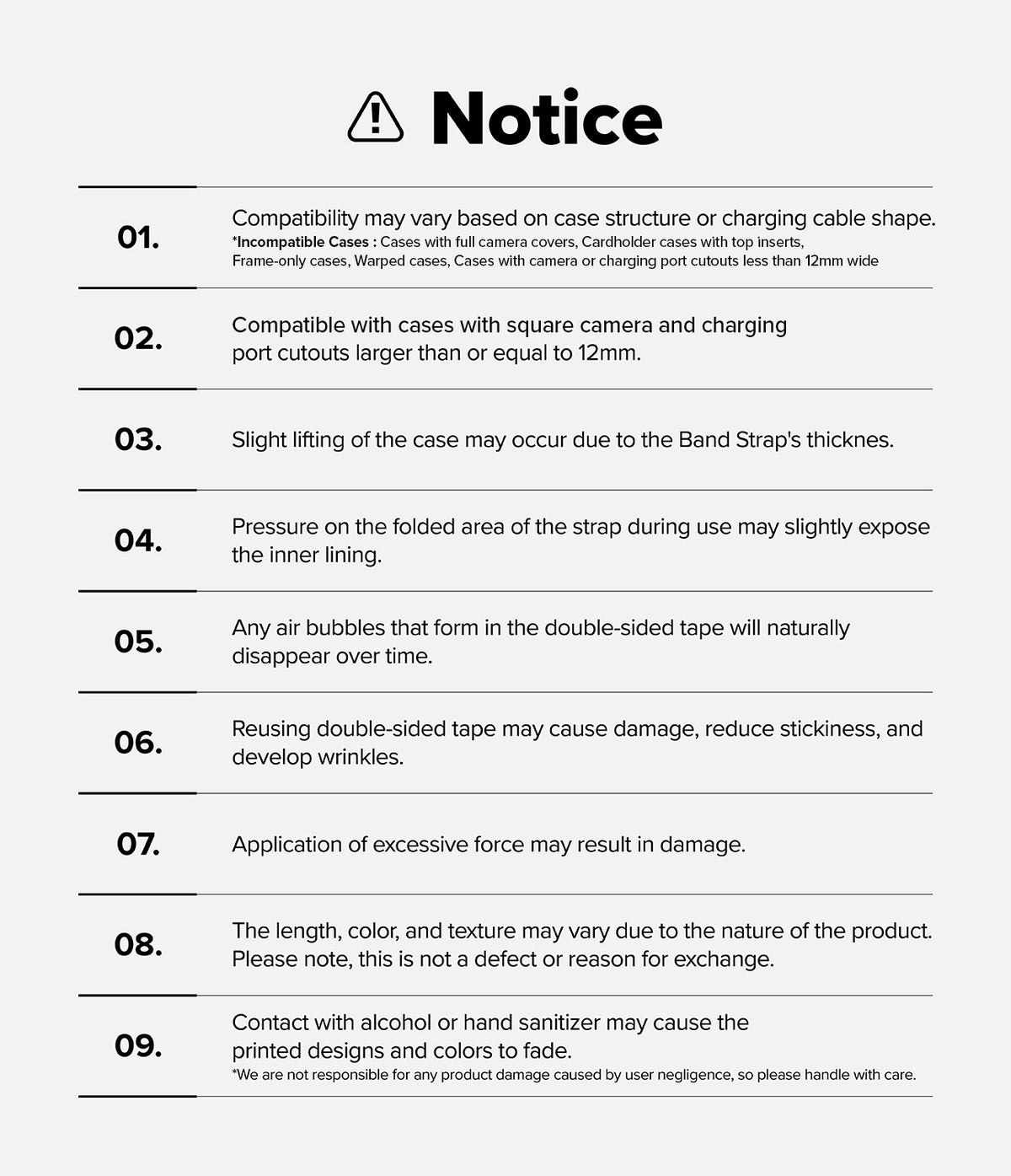 Band Buckle Circle Type Strap - A numbered list of nine compatibility and usage notices for a phone case strap accessory.