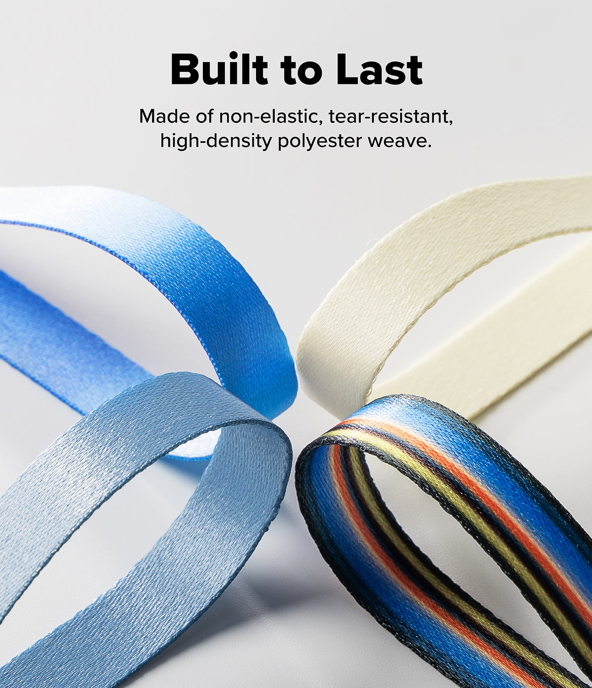 Band Buckle Circle Type Strap - Four loops of colorful, high-density polyester straps arranged in a circle on a white background.
