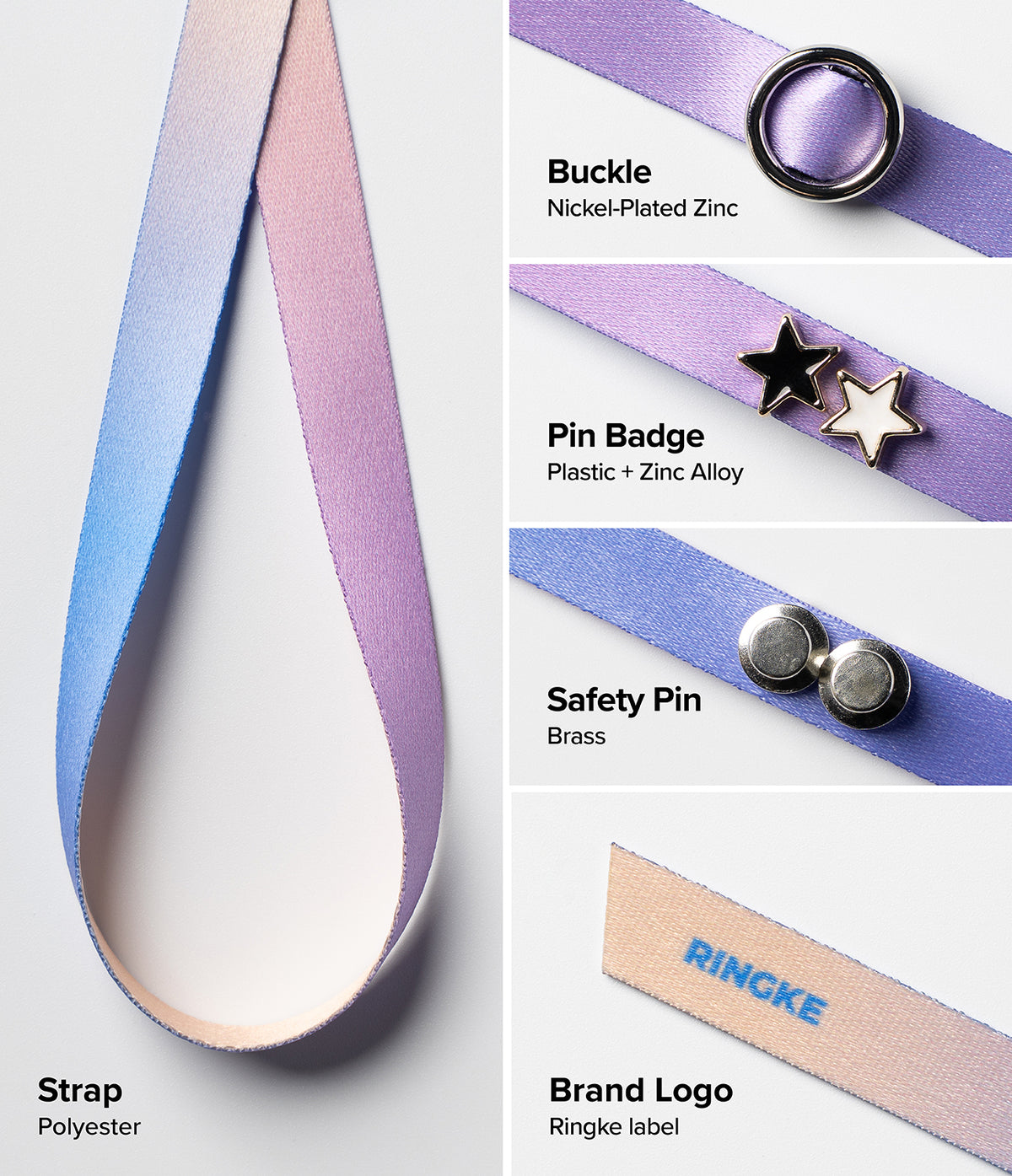 Band Buckle Circle Type Strap - Gradient polyester strap featuring a metal buckle, star pins, safety pins, and Ringke logo.