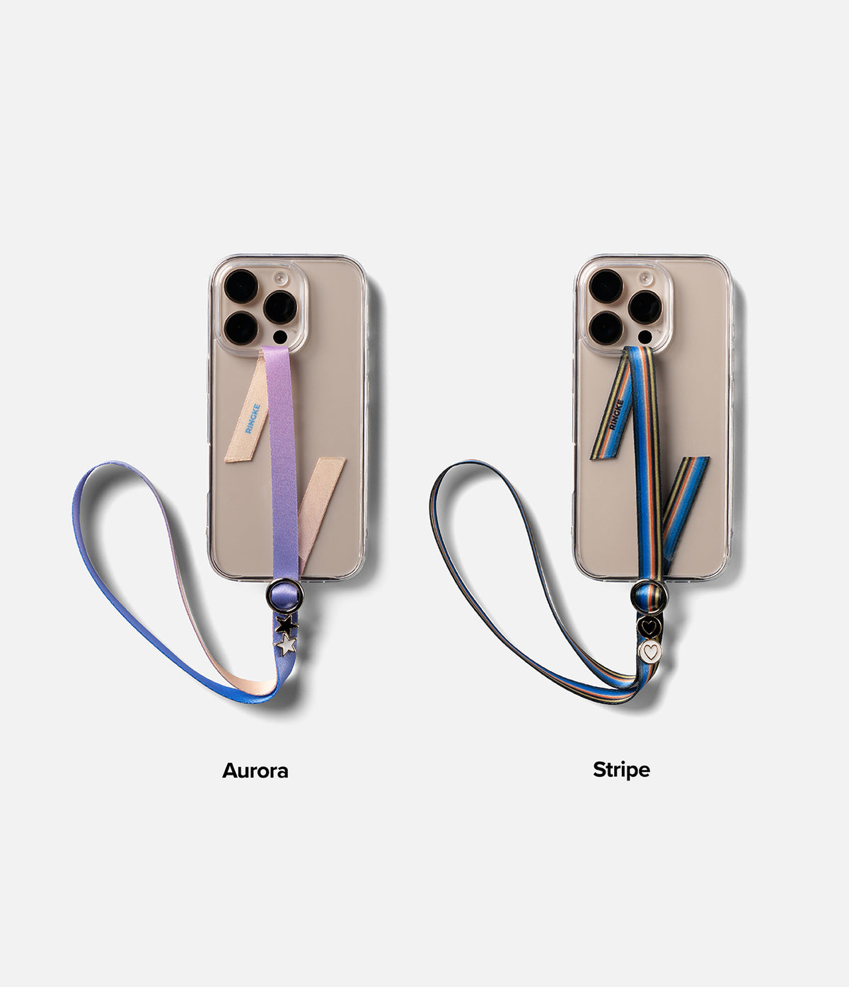 Band Buckle Circle Type Strap - Two phone cases with Aurora and Stripe patterned wrist straps featuring metal charms.