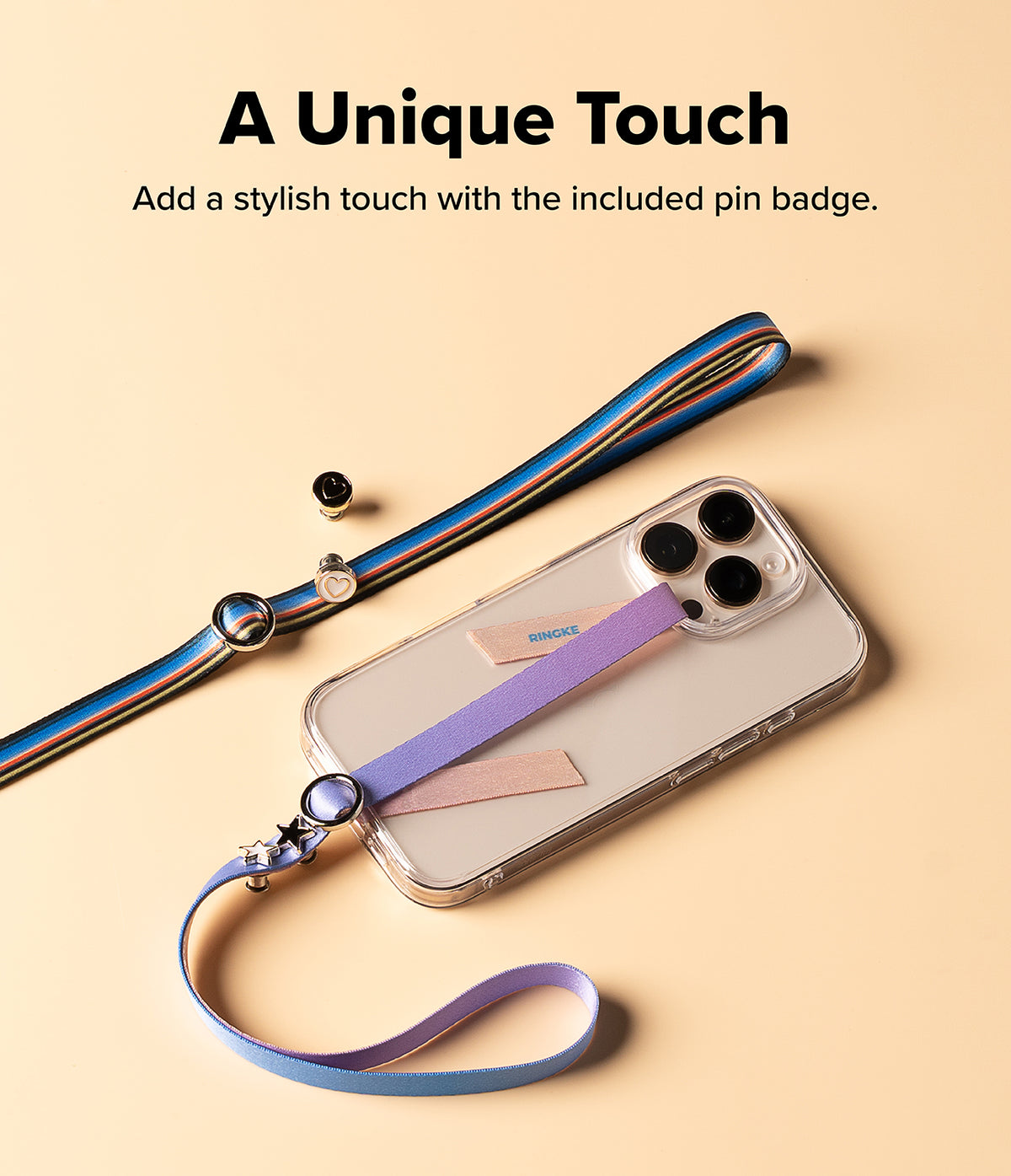 Band Buckle Circle Type Strap - A phone case with a purple strap and decorative star pins on a light background.
