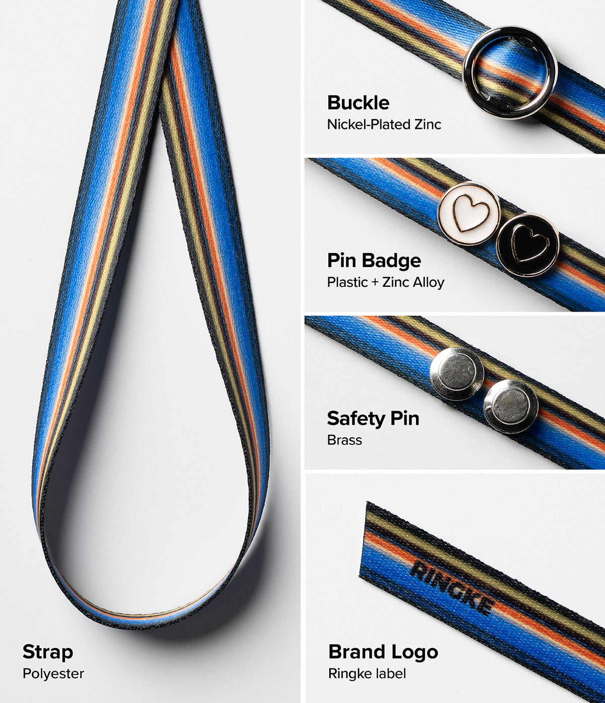 Band Buckle Circle Type Strap - Multi-colored striped polyester strap with buckle, heart pins, safety pins, and Ringke logo.