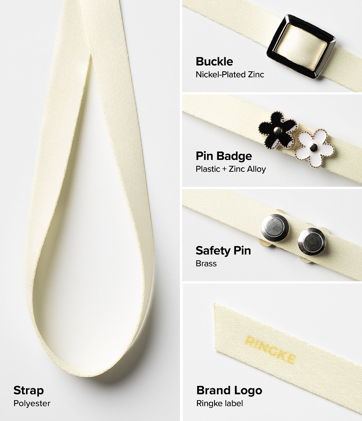 Band Buckle Rectangle Type Strap - Cream polyester strap with nickel buckle, flower pins, safety pins, and Ringke logo.