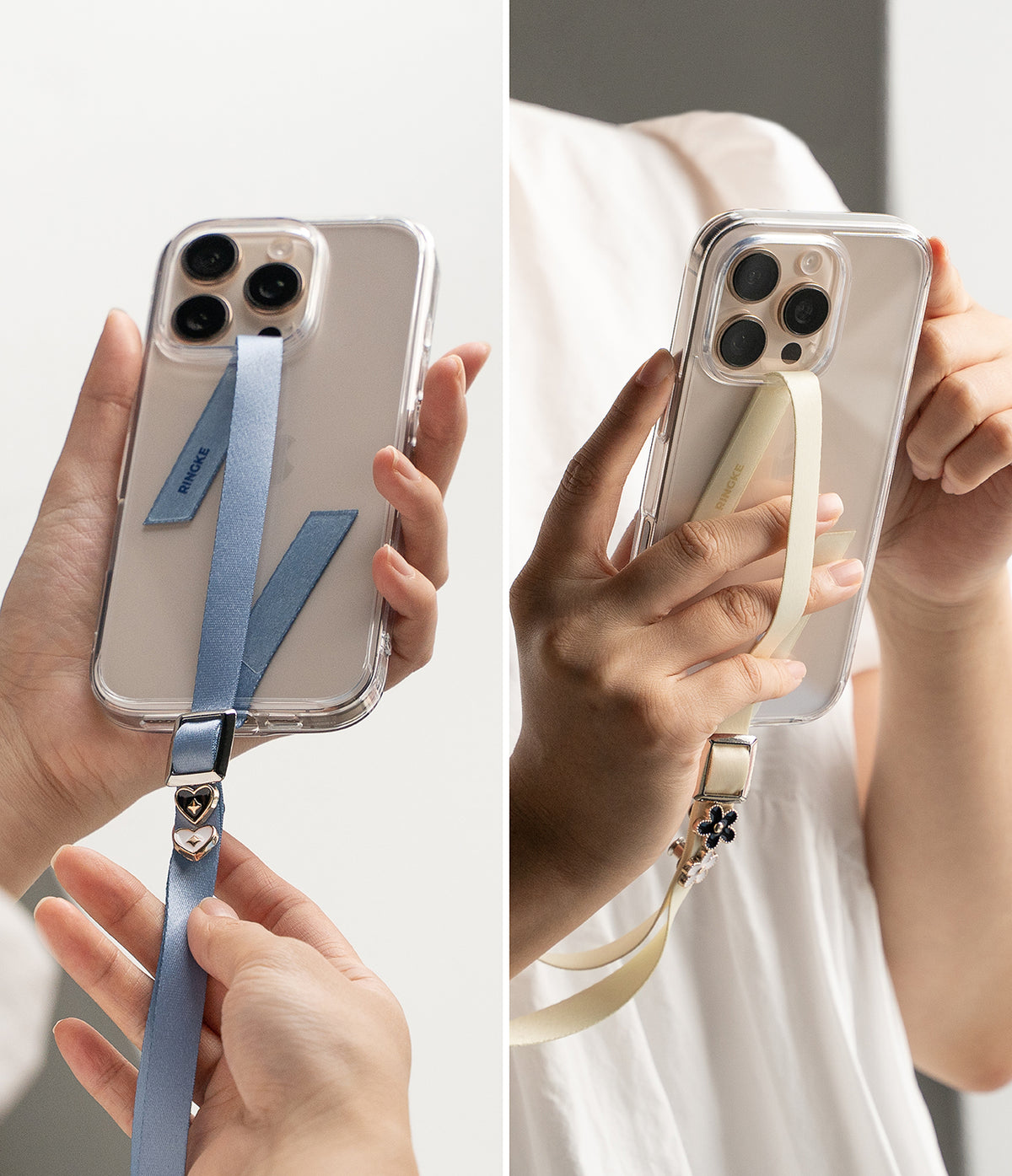 Band Buckle Rectangle Type Strap - Two hands holding phones with blue and cream fabric straps featuring decorative metal buckles.