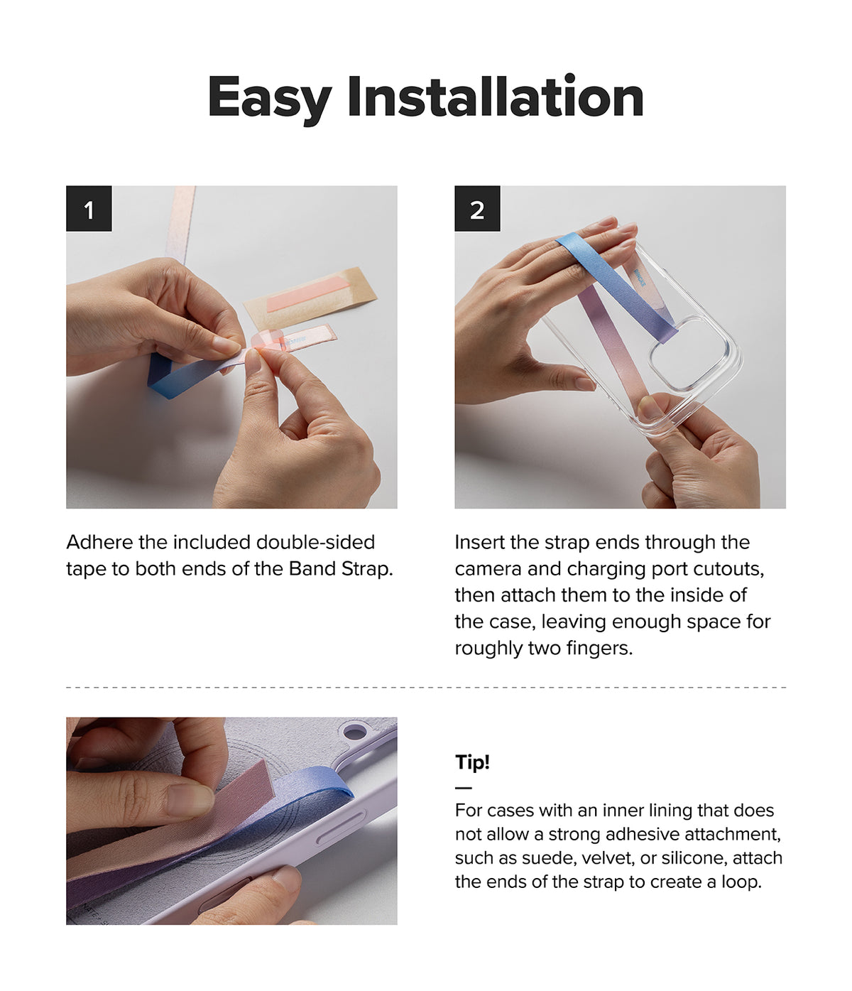 Band Strap - Two-step installation guide showing hands applying adhesive tape to a phone strap and attaching it to a case.