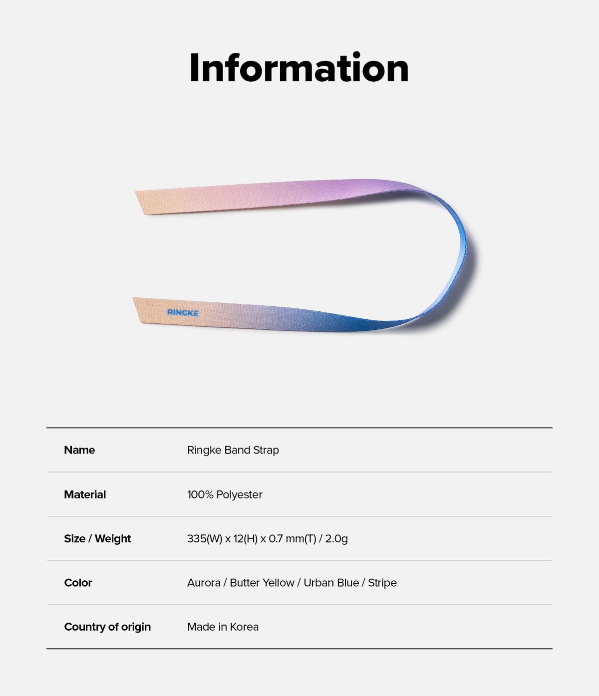 Band Strap - A curved, gradient-colored polyester strap with the Ringke logo, accompanied by a product information table.