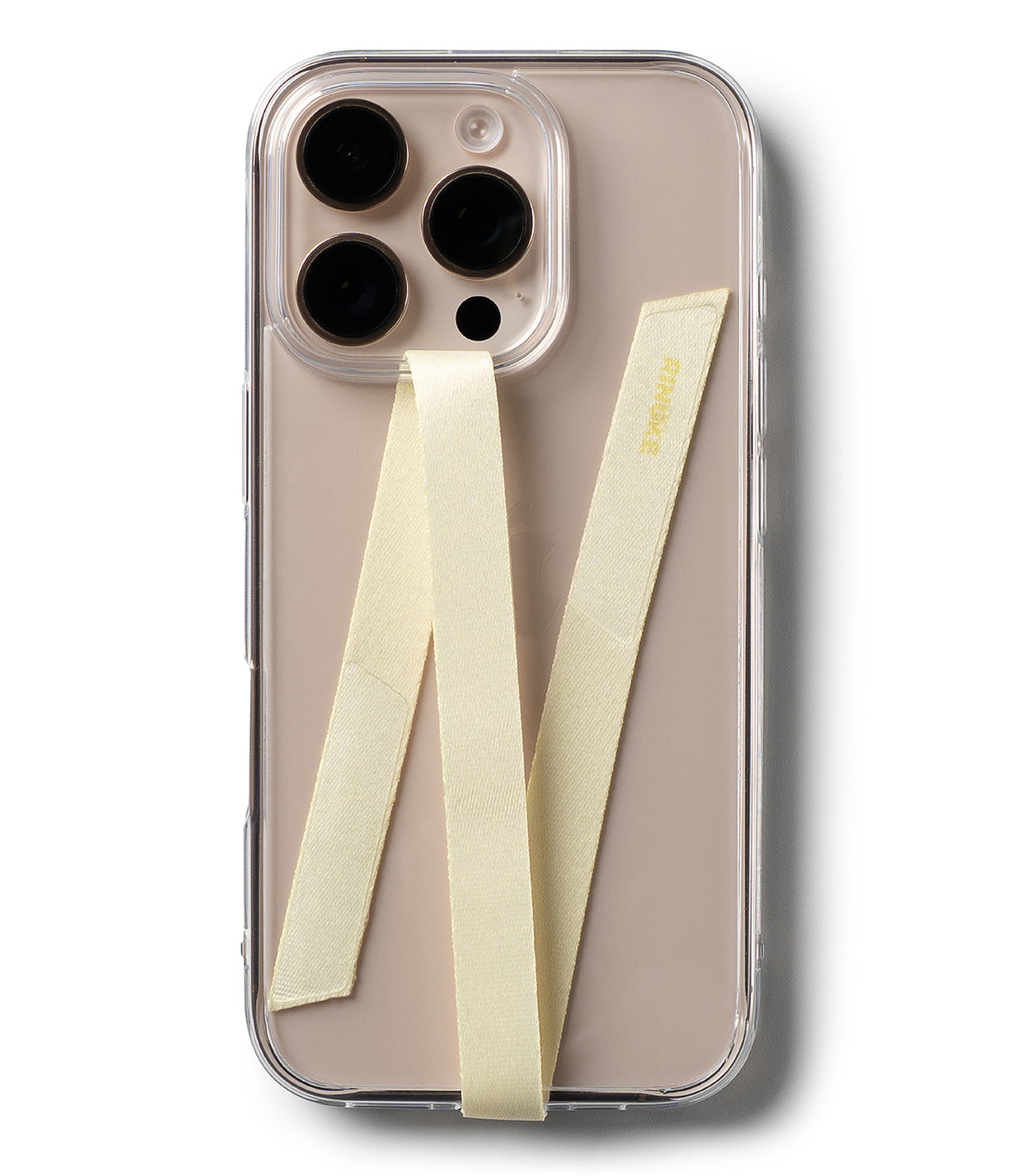 Band Strap - A beige fabric strap attached to a clear phone case, forming an N-shape over the back of a beige smartphone.