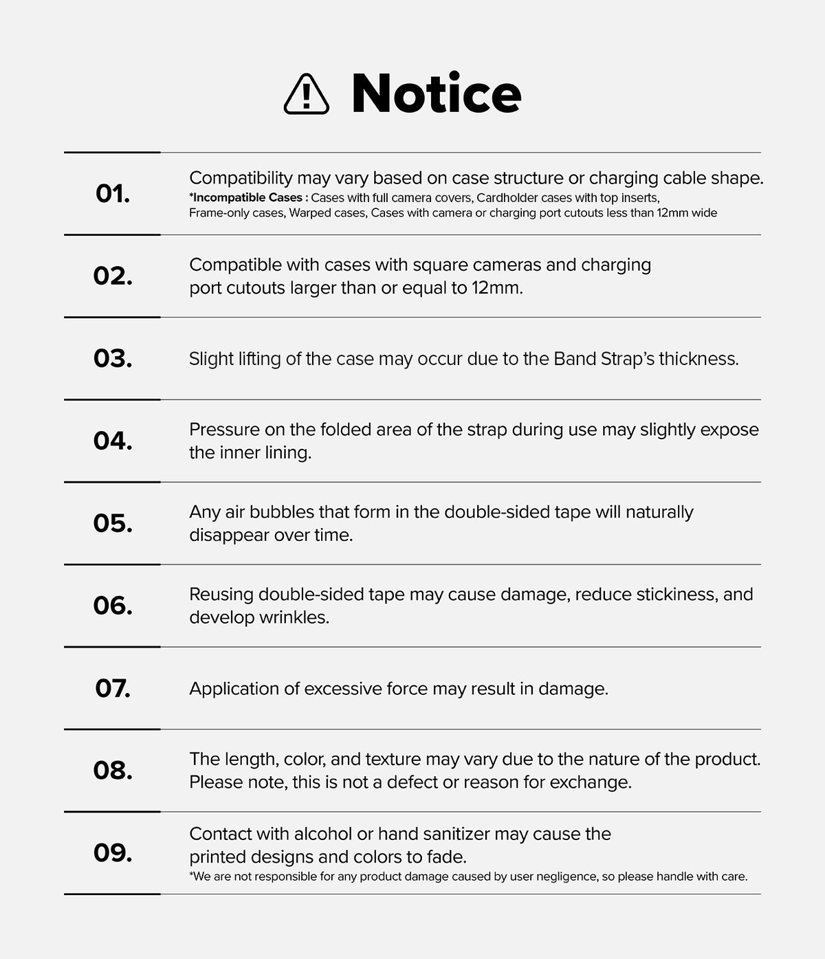 Band Strap - A numbered list of nine compatibility and usage notices for a phone band strap on a light gray background.