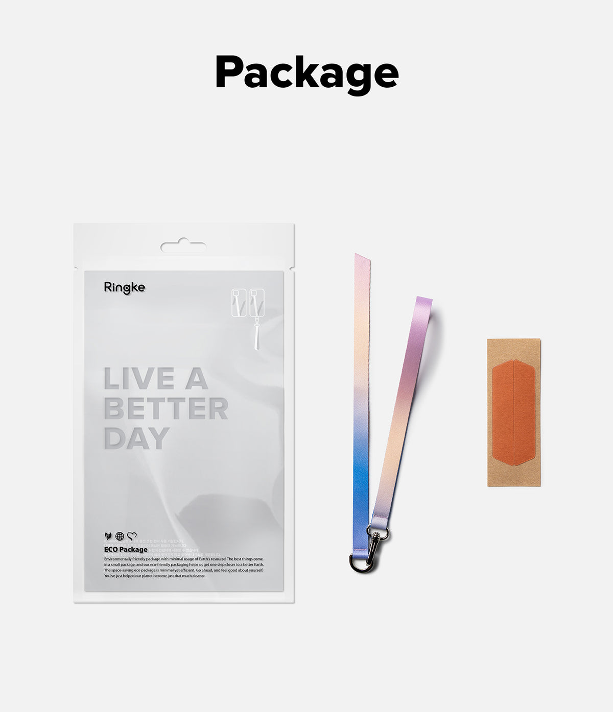 Band D Ring Hand Hook Strap - Ringke eco-friendly packaging, a gradient wrist strap with a metal hook, and an adhesive patch.