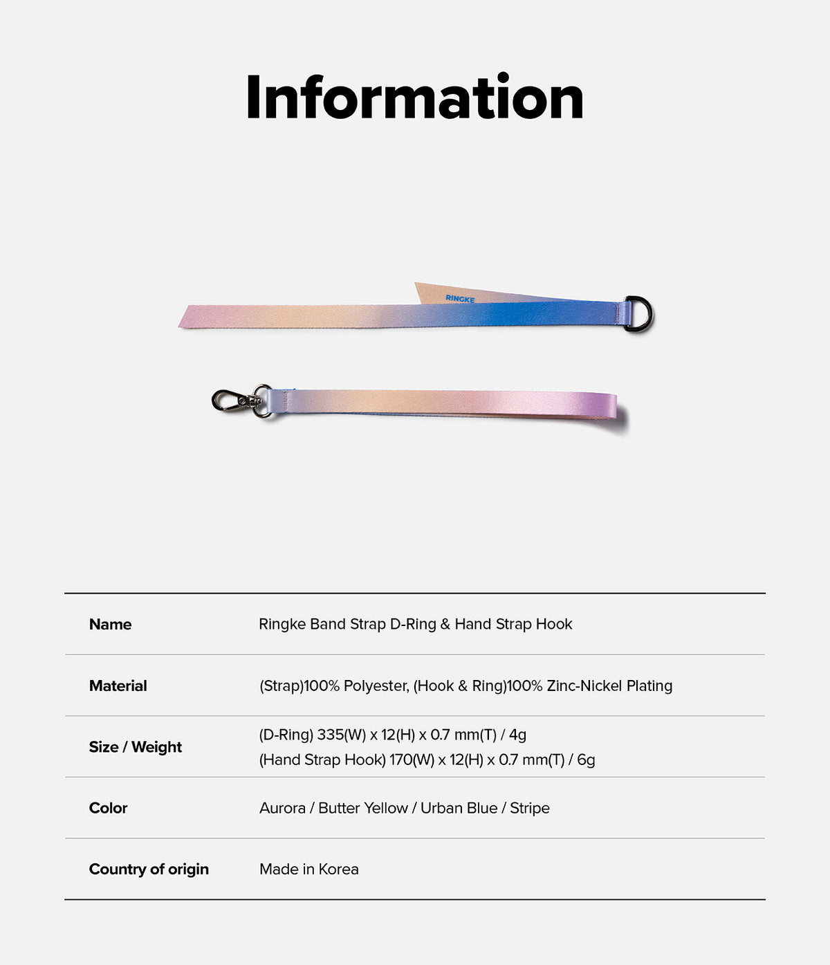 Band D Ring Hand Hook Strap - Two gradient-colored fabric straps with a D-ring and a metal hook, displayed with product specs.