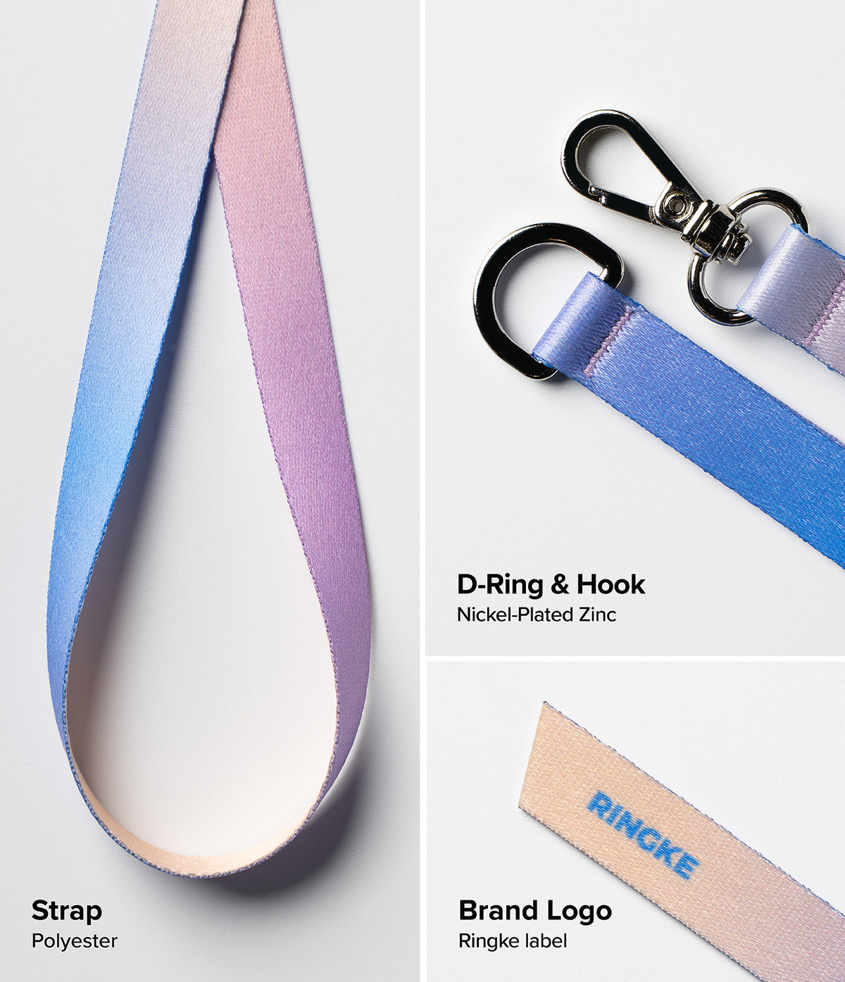Band D Ring Hand Hook Strap - Gradient polyester strap with a nickel-plated D-ring, metal hook, and Ringke brand label.