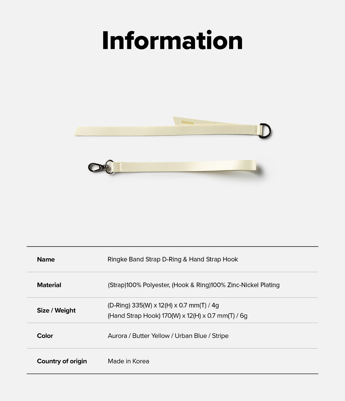 Band D Ring Hand Hook Strap - Two cream-colored polyester straps with a black D-ring and a metal hook, plus product specs.