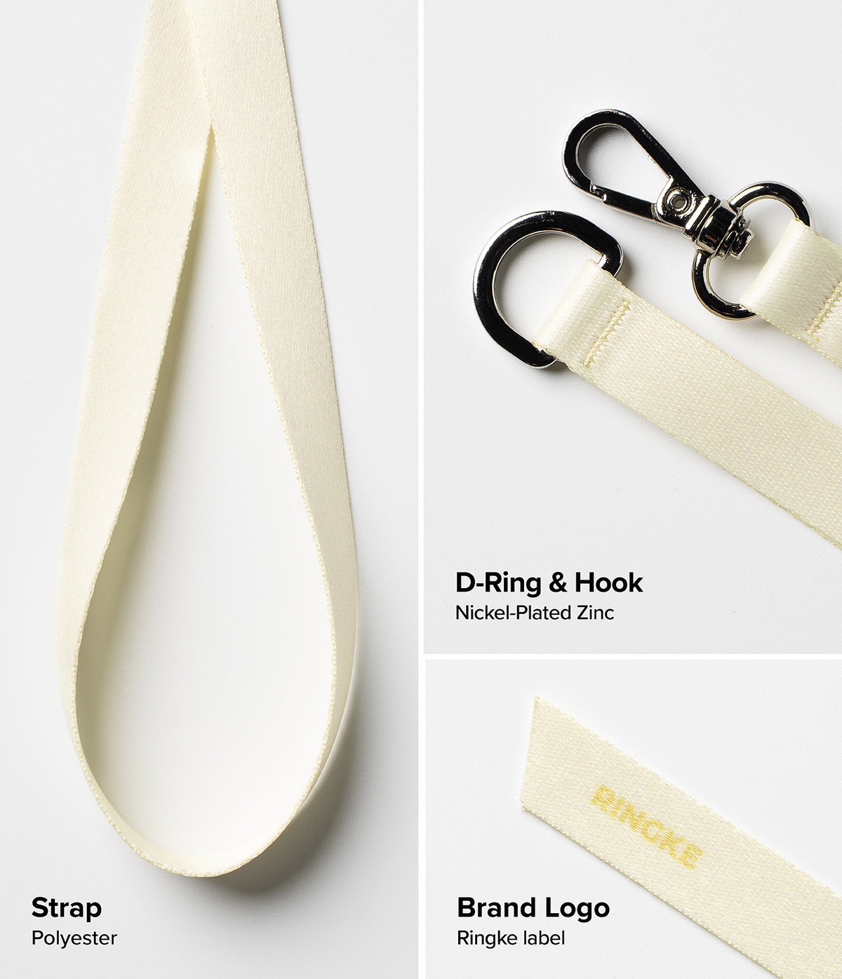 Band D Ring Hand Hook Strap - Cream polyester strap with a nickel-plated D-ring, metal hook, and Ringke brand logo.