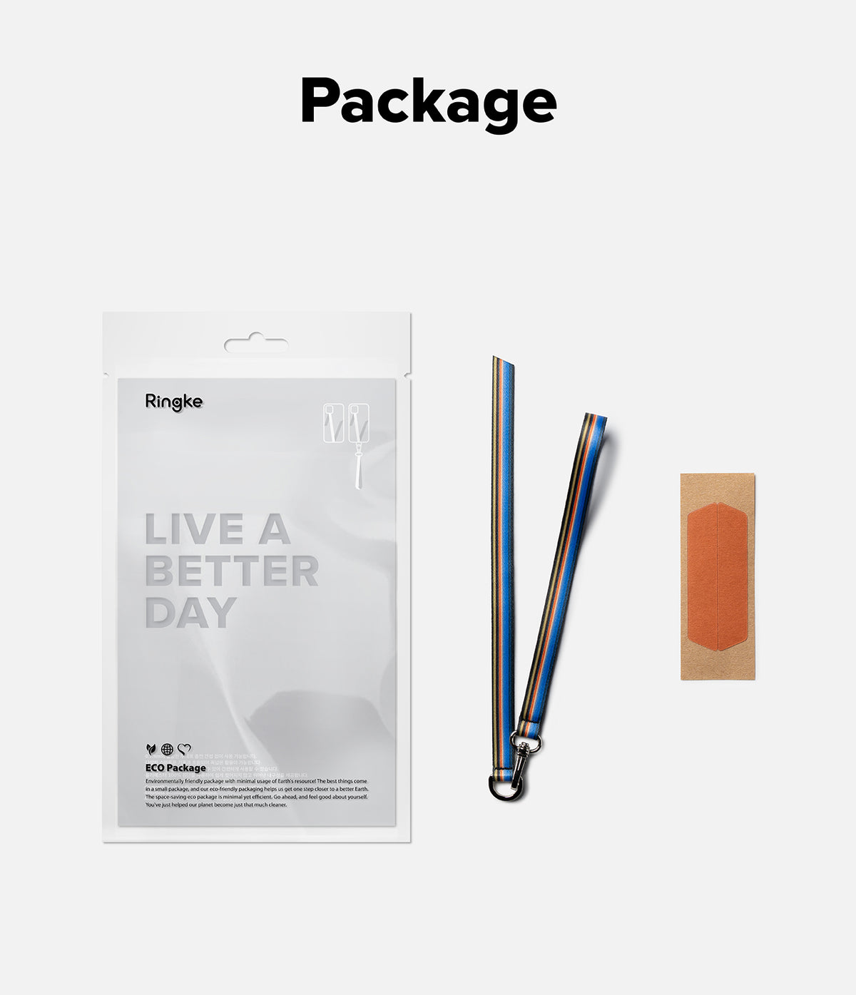 Band D Ring Hand Hook Strap - Ringke eco-friendly packaging, a striped lanyard with a metal D-ring, and an adhesive patch.