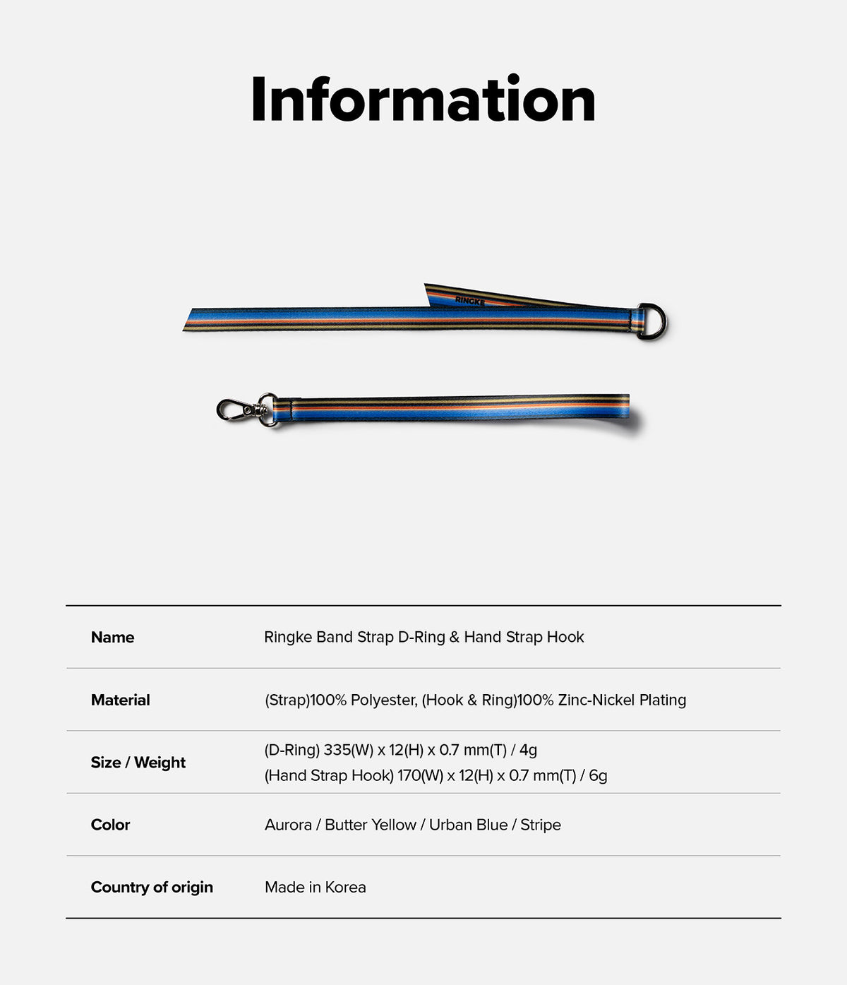 Band D Ring Hand Hook Strap - Two striped polyester straps with metal D-ring and hook attachments and product specifications.