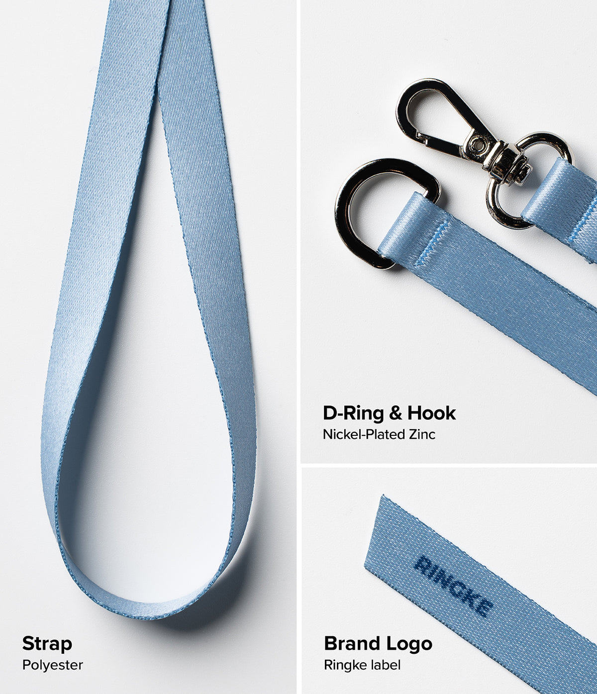 Band D Ring Hand Hook Strap - Light blue polyester strap featuring a nickel-plated D-ring, metal hook, and Ringke logo.