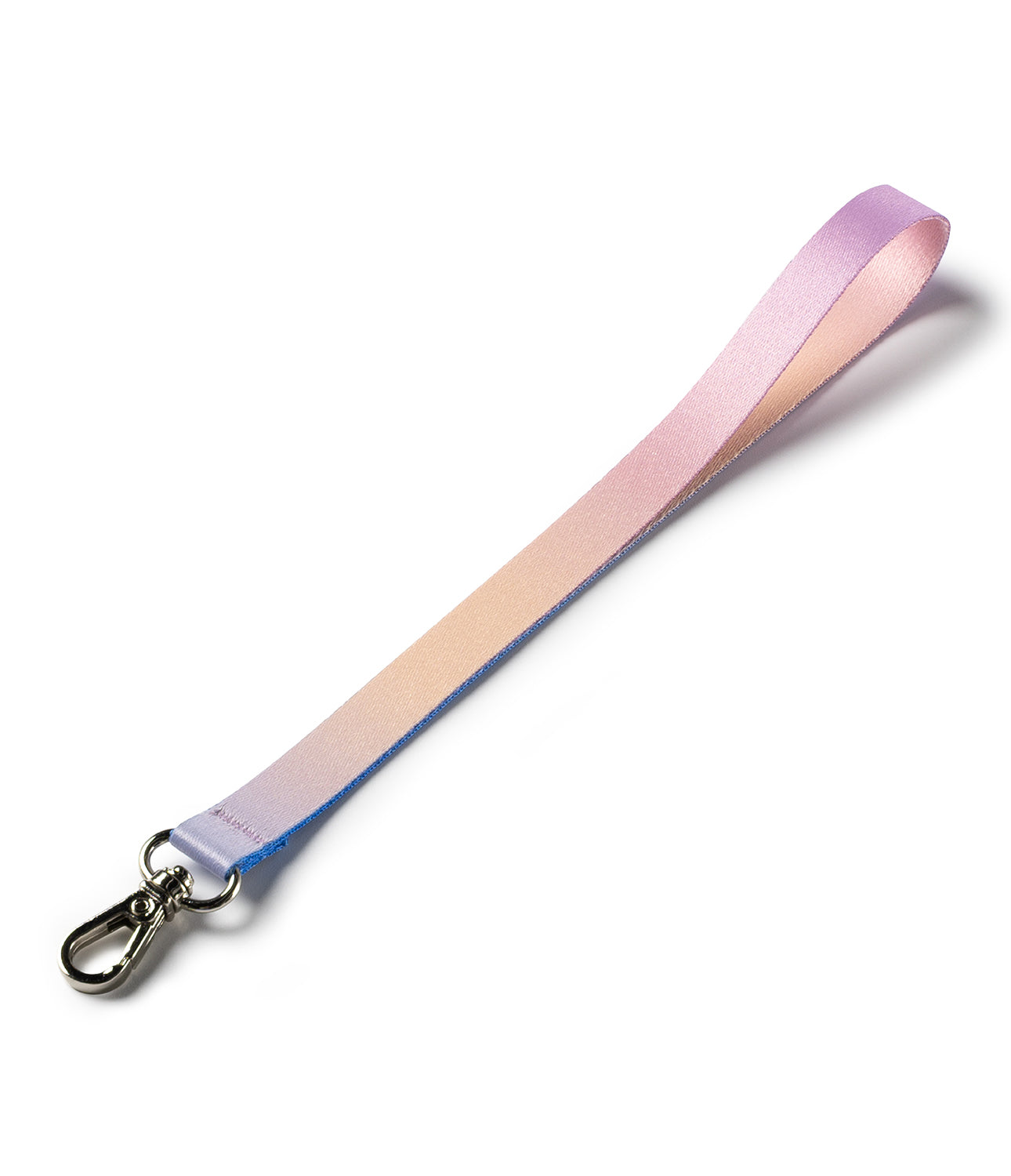 Hand Strap Hook - A pastel pink and purple fabric wrist strap with a silver metal lobster clasp on a white background.
