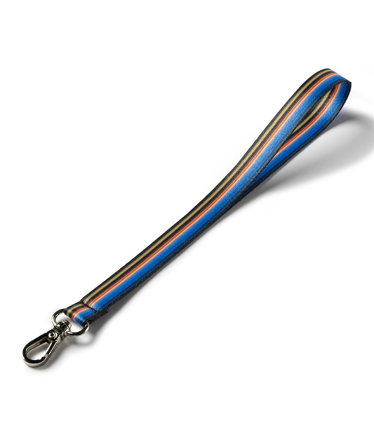 Hand Strap Hook - Blue fabric wrist strap with orange and black stripes, featuring a silver metal lobster clasp.