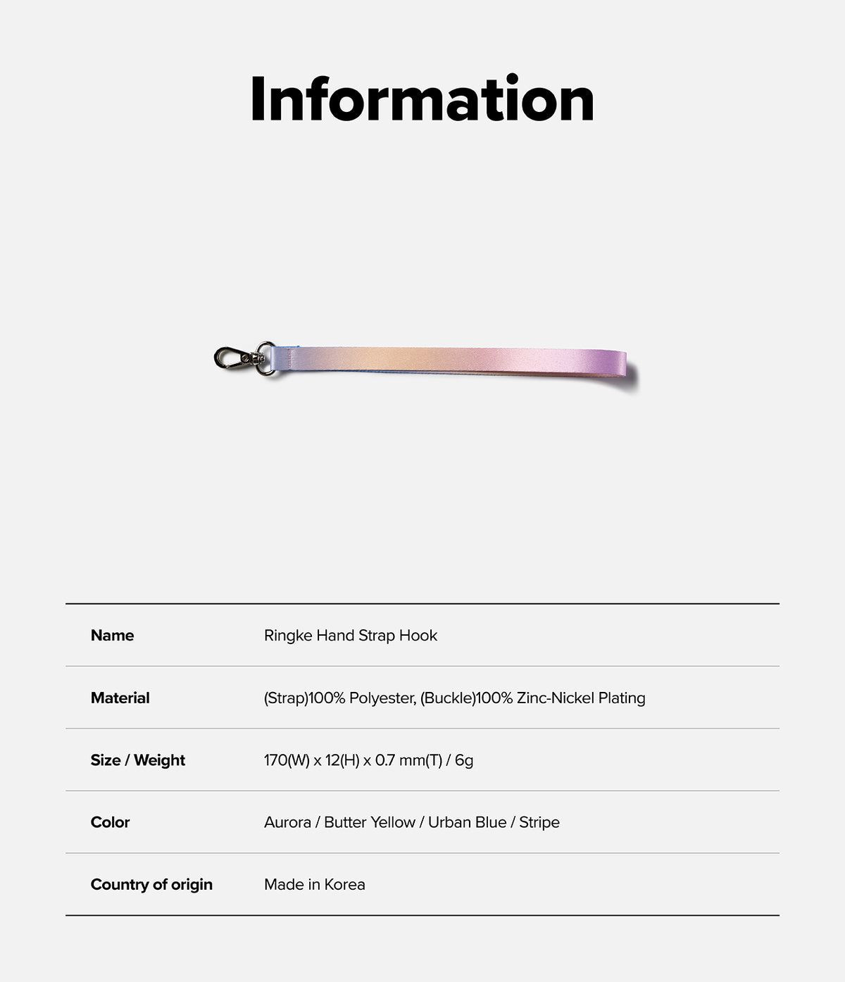 Hand Strap Hook - An ombre-colored polyester hand strap with a metal hook, displayed with product specifications below.