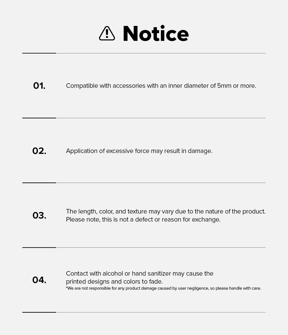 Hand Strap Hook - A notice list detailing compatibility, force warnings, material variations, and chemical damage precautions.