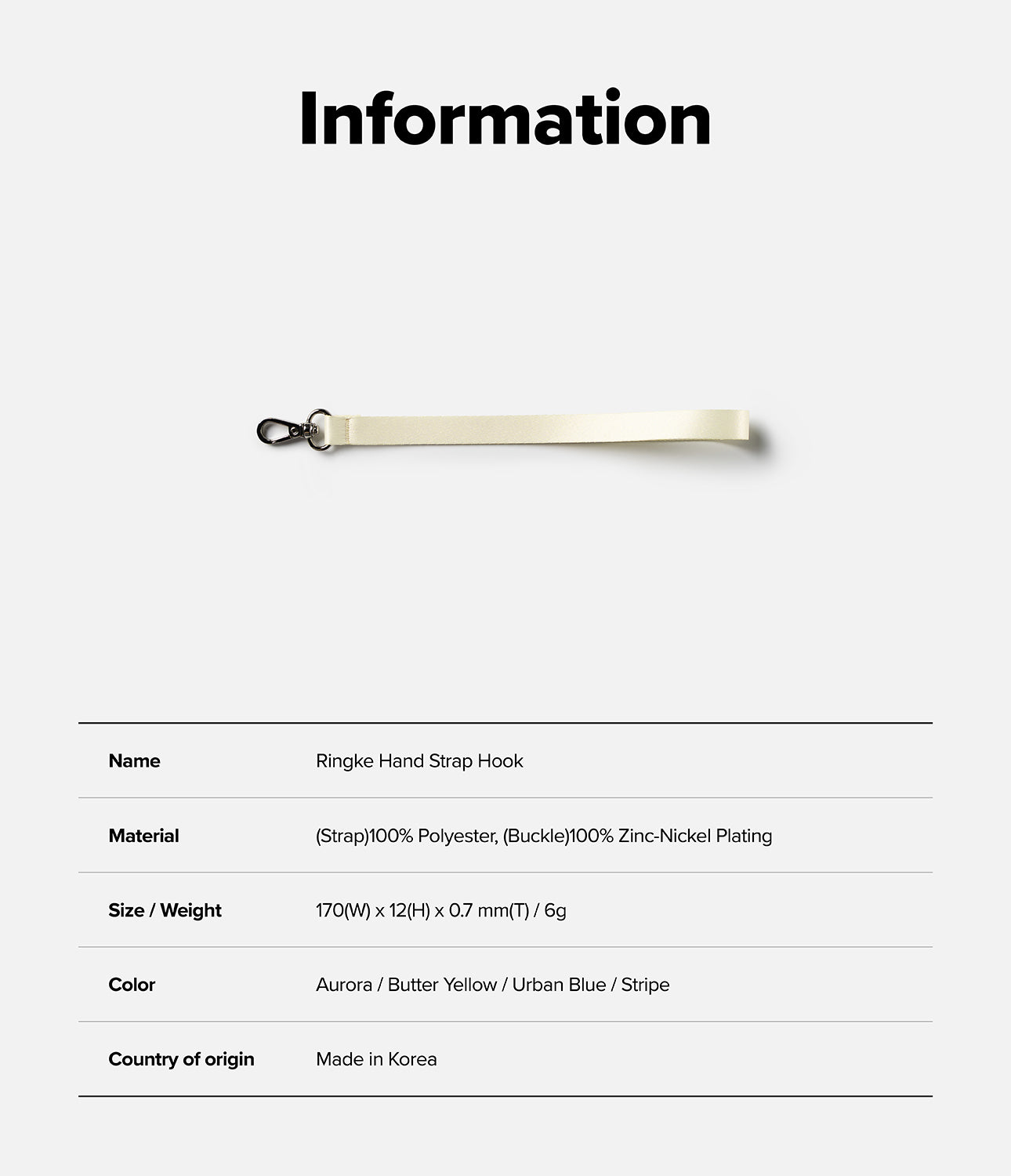 Hand Strap Hook - A pale yellow fabric wrist strap with a black metal lobster clasp, shown with product specifications.