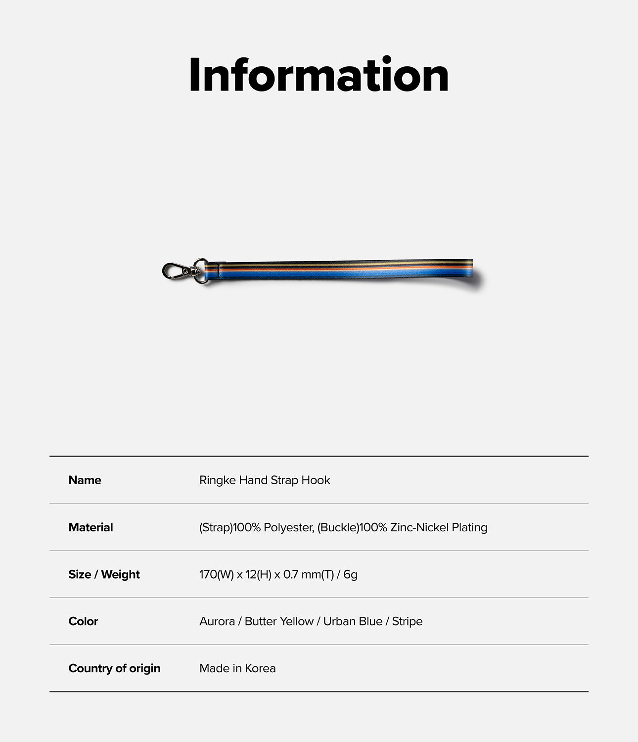 Hand Strap Hook - A striped polyester hand strap with a metal hook, displayed with a table of product specifications.