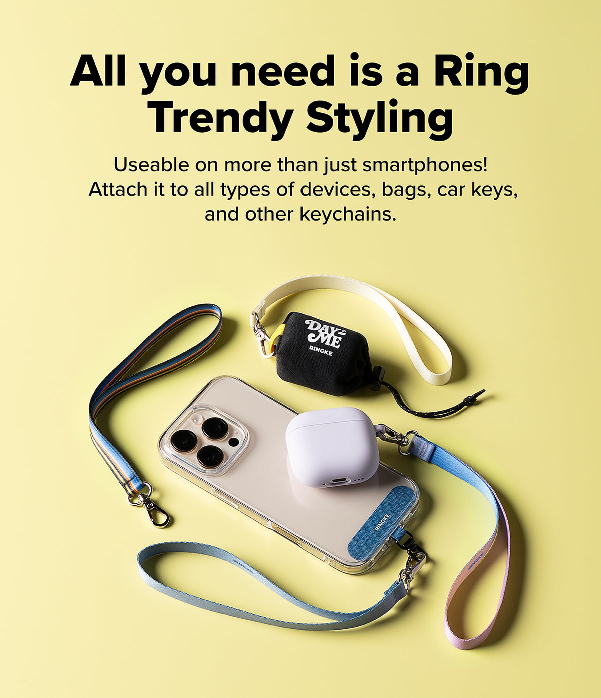 Hand Strap Hook - A smartphone, AirPods case, and small pouch with colorful fabric straps and metal hooks on a yellow background.