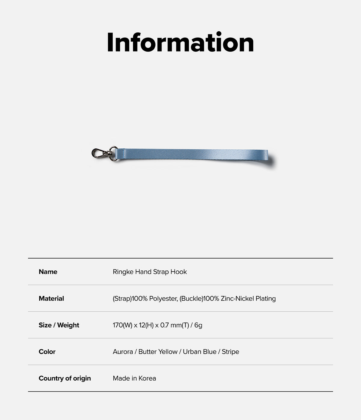 Hand Strap Hook - A blue polyester hand strap with a metal hook, displayed with a product information table.