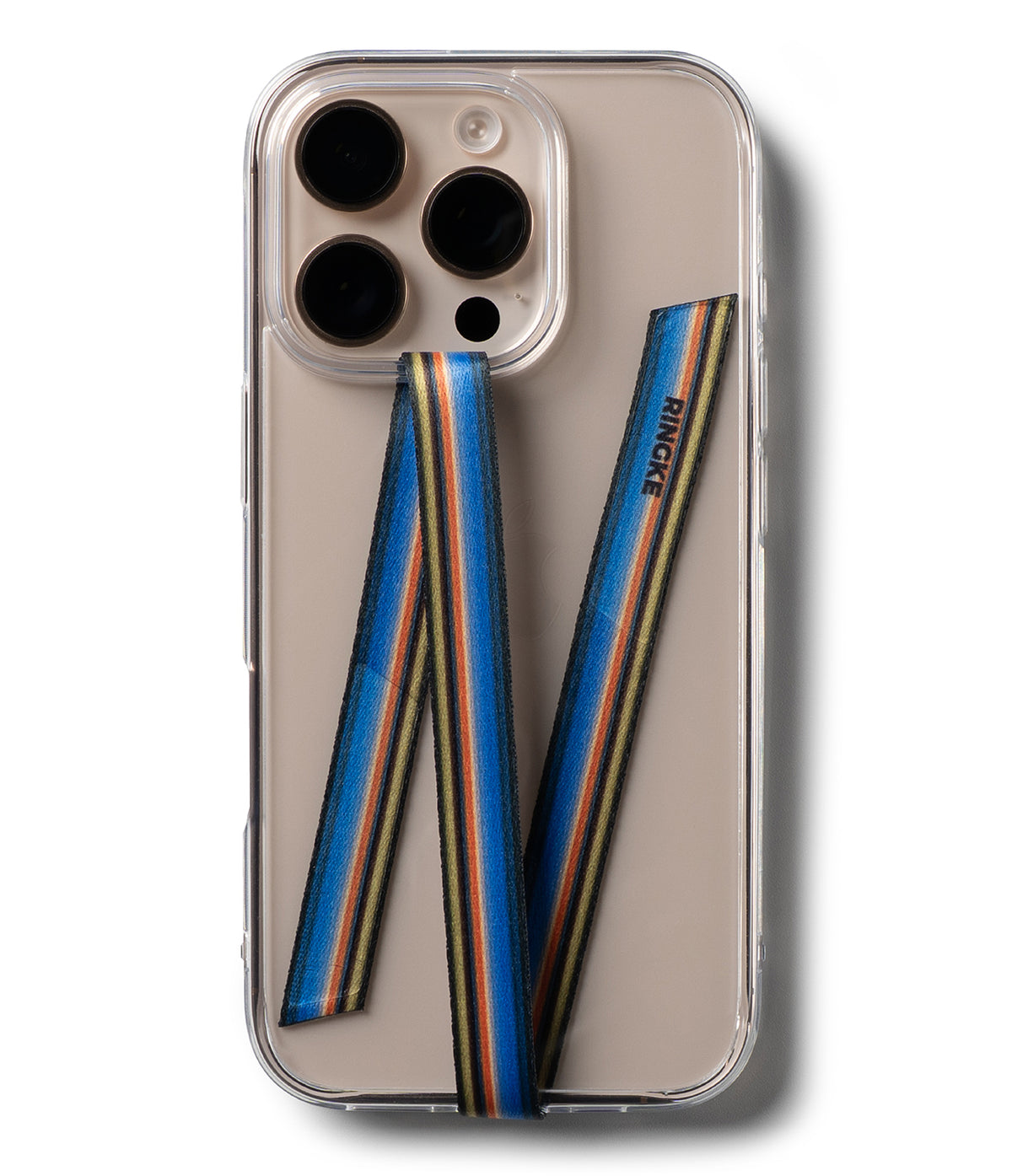 Band Strap - Clear phone case with a blue, orange, and yellow striped fabric strap attached in an N-shape pattern.
