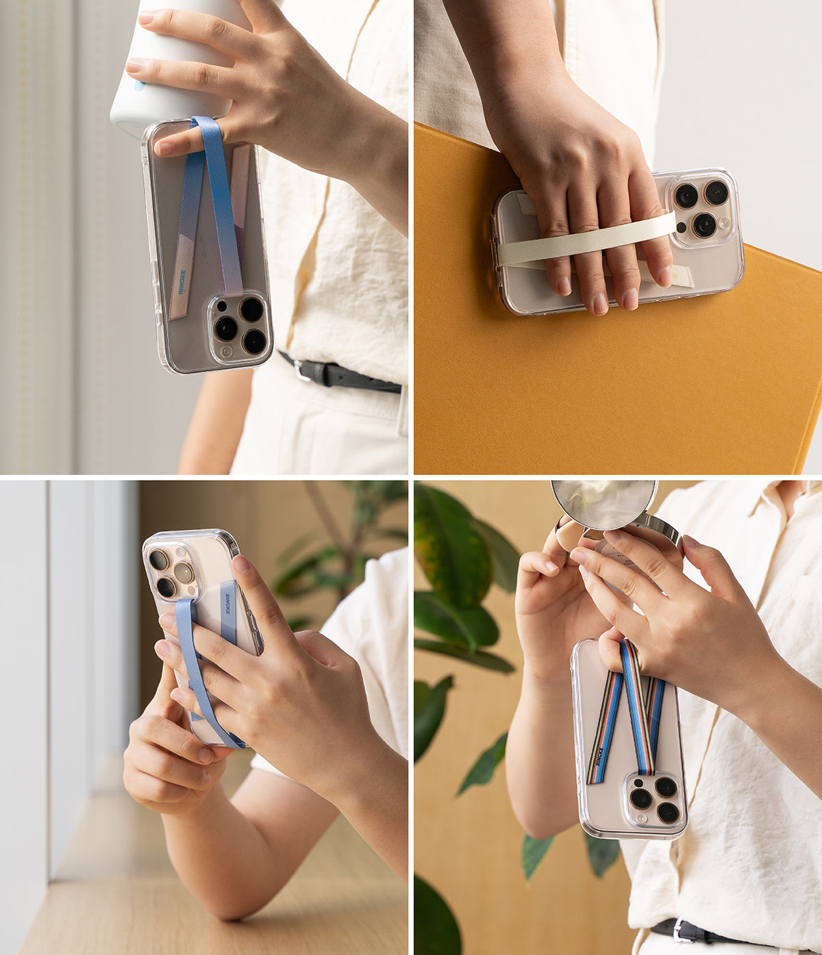 Band Strap - Four views of a person using colorful fabric phone straps attached to clear cases for a secure hand grip.