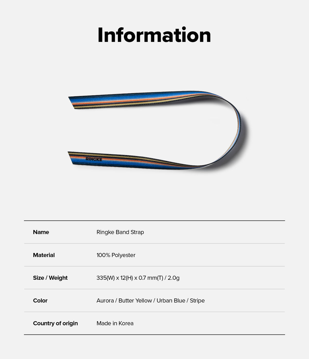Band Strap - A blue, orange, and yellow striped polyester strap with the Ringke logo, displayed with product specifications.