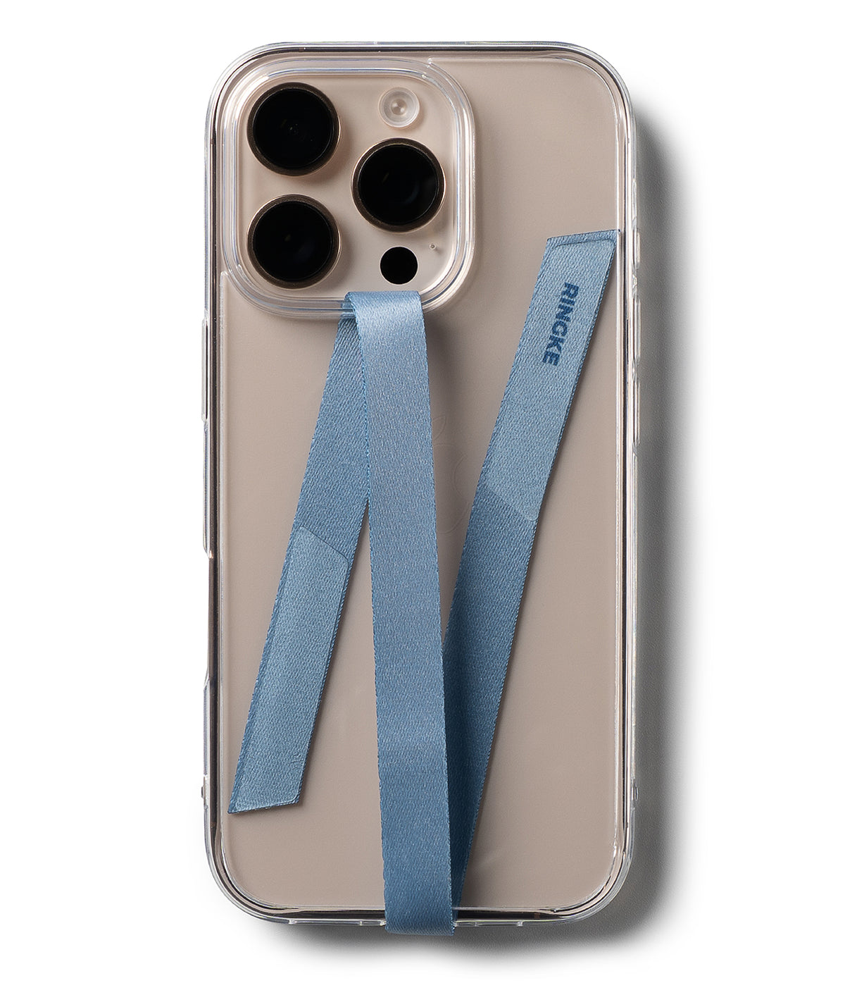 Band Strap - A clear phone case with a blue fabric strap attached, featuring the Ringke logo printed on the ribbon.